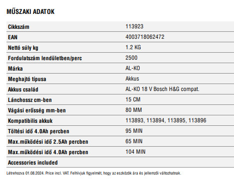 Al-ko BO Flex LB 1815 akkus kézi fűrész